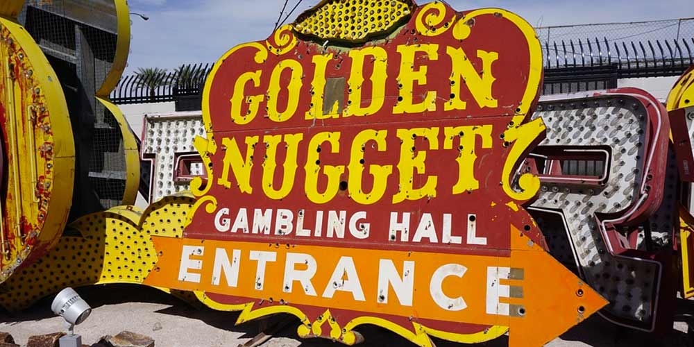 Golden Nugget Gambling Hall Entrance sign in the Neon Boneyard at the Neon Museum, Las Vegas, NV.