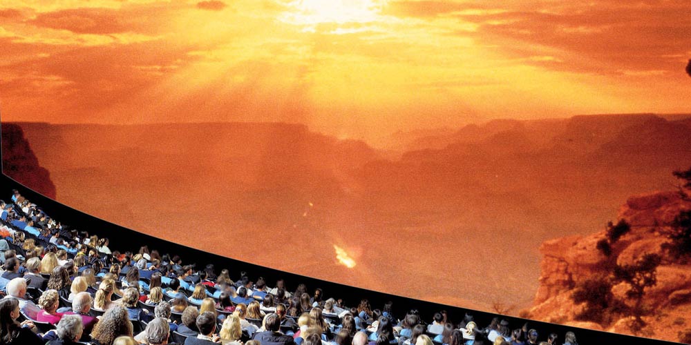 View of audience watching the "Grand Canyon: Hidden Secrets" documentary inside the Grand Canyon IMAX Theater.