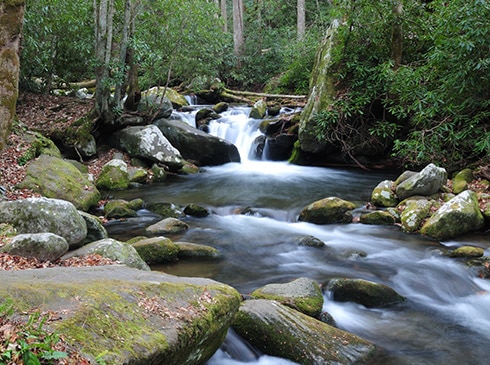 Time-lapsed image of water flowing over a creek rocks near Cherokee Orchard Road in the Great Smoky Mountains National Park, TN.