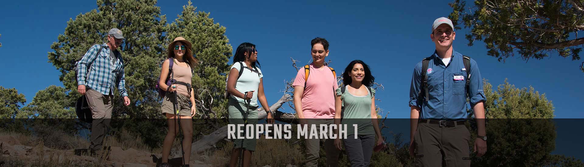 Pink® Jeep® Tours guide and guests hiking the Hermits Rest Trail, Grand Canyon. Reopens March 1st header image.