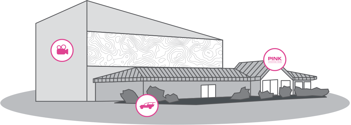 Technical diagram of Grand Canyon Visitor Center Building showing Pink Jeep Tours booking and boarding areas.