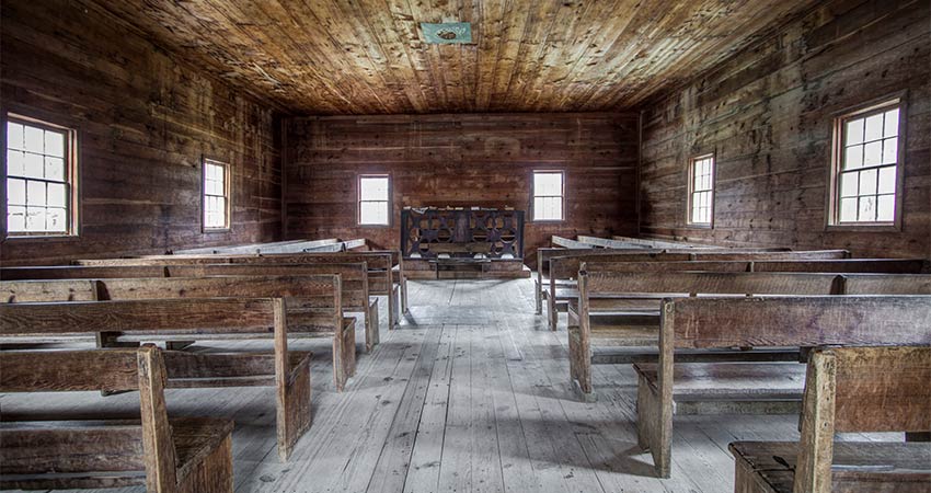 Interior of the Primitive Baptist Church in Cades Cove, one of the most popular areas of Great Smoky Mountains National Park. 