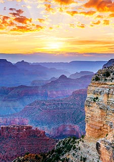 Vibrant sunrise over the geological formations at Grand Canyon South Rim, Grand Canyon National Park.