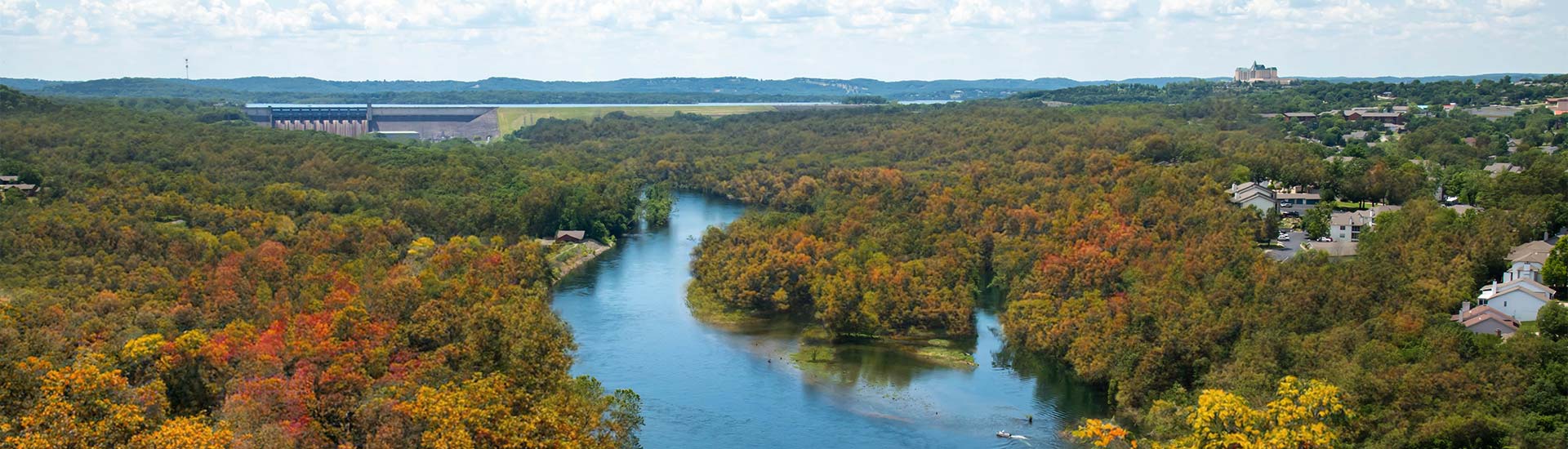 Panoramic autumn view of Lake Taneycomo, Table Rock Dam and the Branson hills from the  Branson Scenic Overlook, Branson, MO.