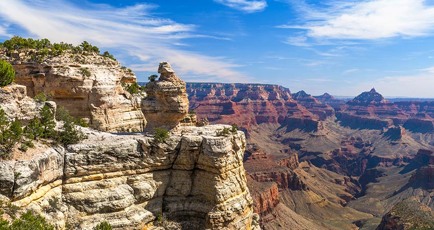 Vibrant panoramic view of Donald Duck Rock from the Grand Canyon's South Rim along Desert View Drive, Arizona,