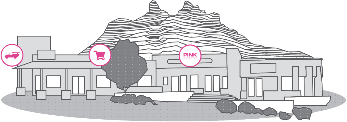 Line art drawing of Pink Jeep Tours Sedona Plaza building 2024