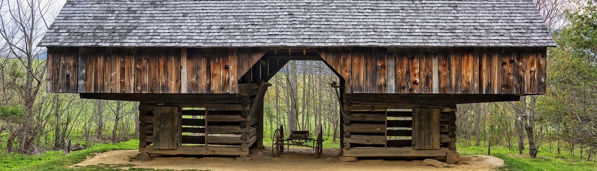 The Double-Cantilever Barn at the Tipton Place in Cades Cove during a early winter in Cades Cove, Great Smoky Mountains National Park.