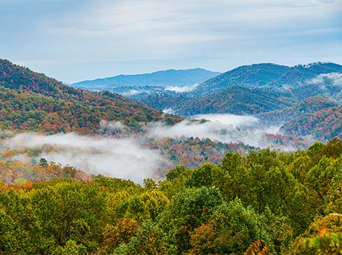 Autumn colors of the Great Smoky Mountains seen from Littler River Gorge Road near Gatlinburg, TN.