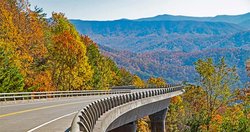 Fall colors drape the missing link section of Foothills Parkway West during autumn, Great Smoky Mountains National Park.