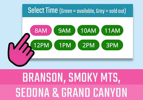 A pink cursor points to the first time slot available for a tour, demonstrating which tour the promotion applies to. Text overlay says "Branson, Smoky Mts, Sedona, & Grand Canyon"