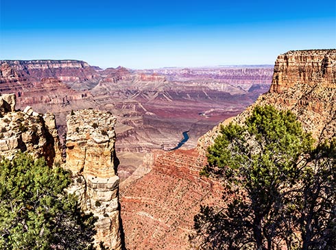 Dramatic view of the Grand Cayon on beautiful day as seen from Moran Point on Desert View Drive, Grand Canyon South Rim, Arizona.