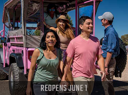 Grand Canyon Hermits Rest Hiked & Jeep Tour guests exiting the back of Pink Jeep® Wrangler. Reopens June 1 search banner.