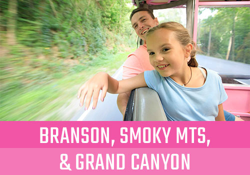 Father and daughter riding in Jeep, smiling. Text overlay says "Branson, Smoky Mts, & Grand Canyon"