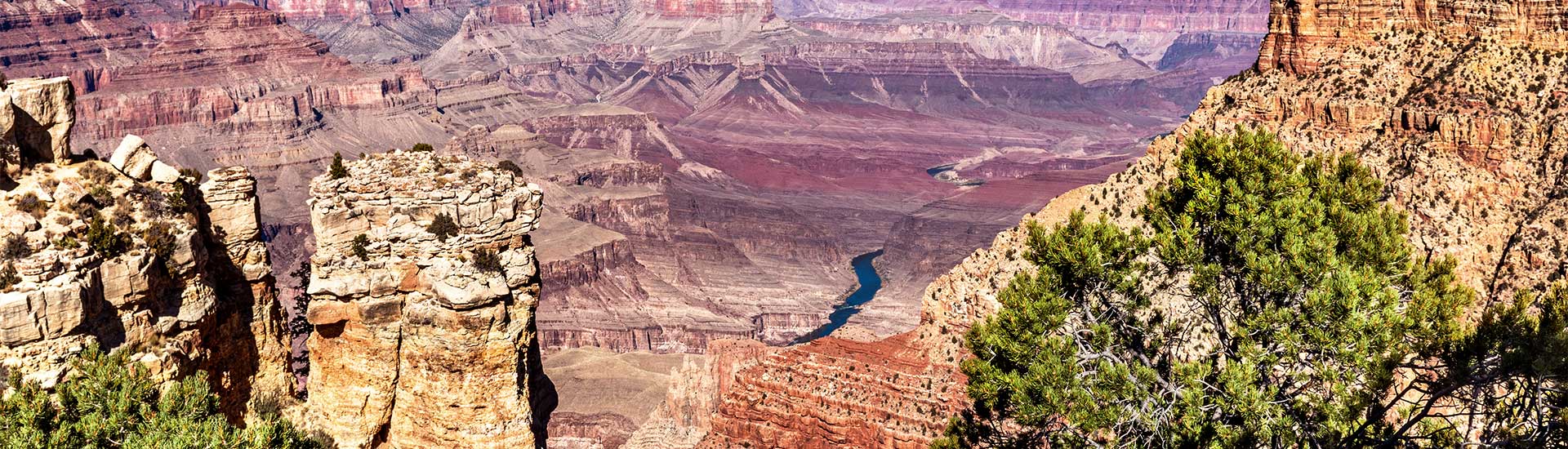 Beautiful view of the three rock groups at the Grand Canyon as seen from Moran Point on Desert View Drive, Grand Canyon National Park, South Rim.