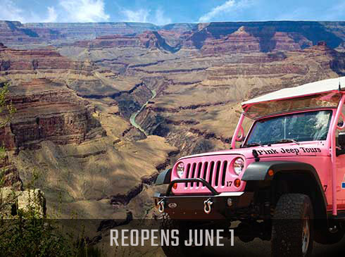 Pink Jeep® Wrangler parked overlooking the Grand Canyon, Hermits Rest Hike & Jeep Sunset Tour. Reopens June 1 banner.