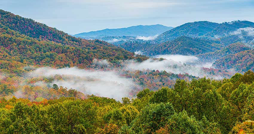 Autumn view of Great Smoky Mountains from Littler River Gorge-Fighting Creek Gap Road near Gatlinburg, TN.