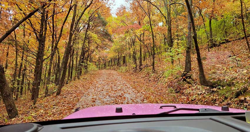 View of colorful autumn off-road trail seen from the windshield of a Pink Jeep Wrangler, Pink Jeep Tours Branson, MO.