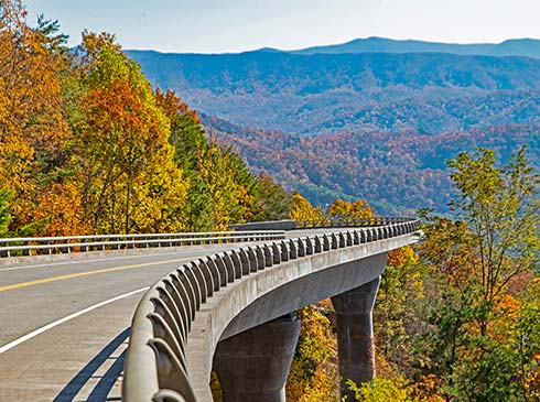 The missing link section of the Foothills Parkway draped in fall colors, Great Smoky Mountains National Park.